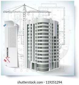 Architectural background with a 3D building model. Part of architectural project, architectural plan, technical project, drawing technical letters, architecture planning on paper, construction plan