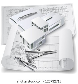 Architectural background with a 3D building model. Part of architectural project, architectural plan, technical project, drawing technical letters, architecture planning on paper, construction plan