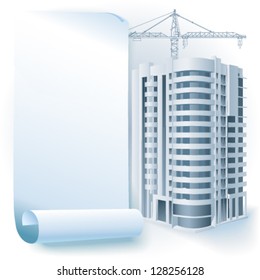 Architectural background with a 3D building model. Part of architectural project, architectural plan, technical project, drawing technical letters, architecture planning on paper, construction plan