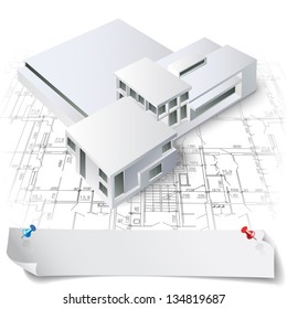 Architectural background with a 3D building model. Part of architectural project, architectural plan, technical project, construction plan