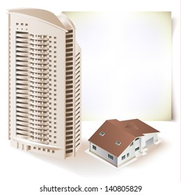 Architectural background with a 3D building model. Part of architectural project, architectural plan, technical project, drawing technical letters, architecture planning on paper, construction plan