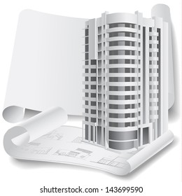 Architectural background with a 3D building model. Part of architectural project, architectural plan, technical project, drawing technical letters, architecture planning on paper, construction plan
