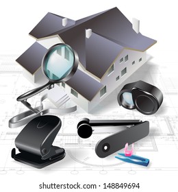 Architectural background with a 3D building model and office tools. Part of architectural project, architectural plan, technical project, construction plan 