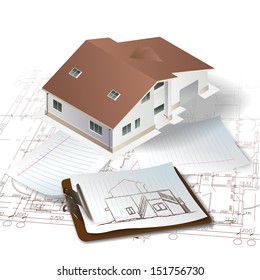 Architectural background with a 3D building model and a notepad. Part of architectural project, architectural plan, technical project, construction plan 