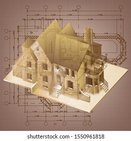 Architectural background with a 3D building model. Vector clip-art