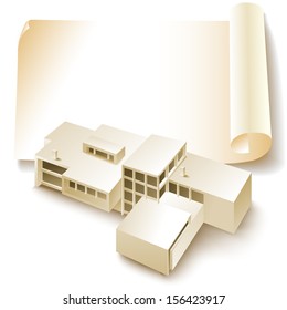 Architectural background with a 3D building model. Part of architectural project, architectural plan, technical project, construction plan 