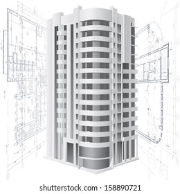 Architectural background with a 3D building model. Part of architectural project, architectural plan, technical project, construction plan 