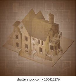 Architectural background with a 3D building model. Part of architectural project, architectural plan, technical project, construction plan