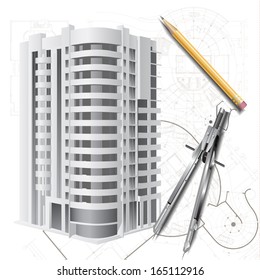 Architectural background with a 3D building model. Part of architectural project, architectural plan, technical project, architecture planning on paper, construction plan 