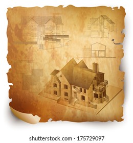 Architectural background with a 3D building model. Part of architectural project, architectural plan, technical project, construction plan