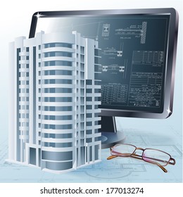 Architectural background with a 3D building model. Part of architectural project, architectural plan, technical project, construction plan 
