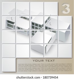 Architectural background with a 3D building model. Part of architectural project, architectural plan, technical project, architecture planning on paper, construction plan 