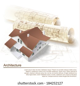 Architectural background with a 3D building model and rolls of drawings. Part of architectural project, architectural plan, technical project, construction plan 