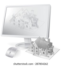 Architectural background with a 3D building model and monitor. Vector illustration