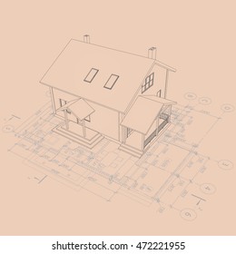 Architectural background with a 3D building model. Detailed architectural plan on kraft paper. Vector blueprint.