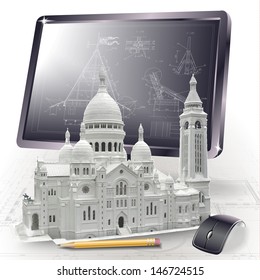 Architectural background with a 3D model of Basilica of the Sacred Heart of Paris and a monitor
