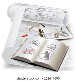 Architectural background with a book, glasses and rolls of drawings. Vector illustration