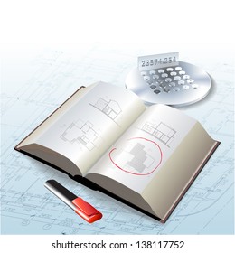 Architectural background with a book and office tools. Part of architectural project, architectural plan, technical project, construction plan