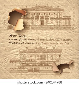 Architectural background with breakthrough paper holes. Part of architectural project, architectural plan, technical project, planning on paper, construction plan