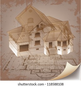 Architectural background with a building model. Part of architectural project, architectural plan, technical project, drawing technical letters, architecture planning on paper, construction plan