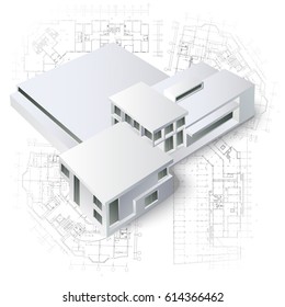 Architectural background with a building model. Part of architectural project, architectural plan, technical project, architecture planning on paper, construction plan