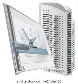 Architectural background with a building model. Part of architectural project, architectural plan, technical project, architecture planning on paper, construction plan