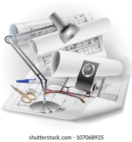 Architectural background with a clock, a lamp and rolls of drawings. Vector clip-art