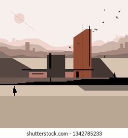 Architectural background for cover, poster, postcard.Flat vector graphics elements for design. Trend retro style for architectural presentation.