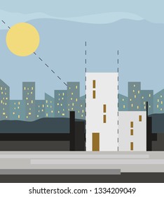 Architectural background - creative urban landscape .Vector illustration in flat trend style. Big moon against the sky and night city. Modern high-rise residential building