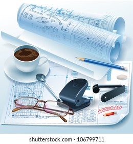 Architectural background with a cup of coffee, office tools and rolls of drawings. Vector clip-art