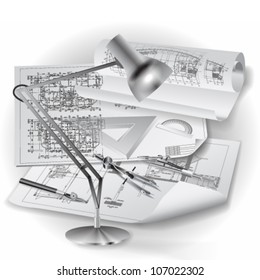Architectural background with a cup of coffee, office tools and rolls of drawings. Vector clip-art