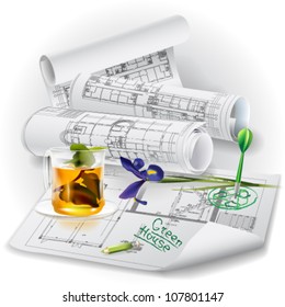 Architectural background with a cup of tea and rolls of drawings. Vector clip-art