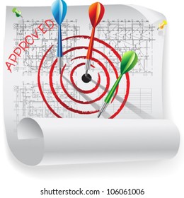 Architectural background with dart. Part of architectural project, architectural plan, technical project, drawing technical letters, architecture planning on paper, construction plan