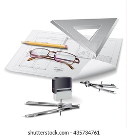 Architectural background with drawing tools and drawings. Vector clip-art