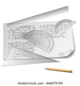 Architectural background with drawing tools and drawings. Vector clip-art