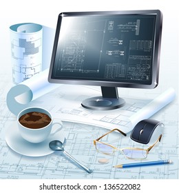 Architectural background with drawing tools and a monitor for your business site