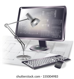 Architectural background with drawing tools and a monitor. Vector illustration