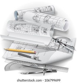Architectural background with drawing tools and rolls of drawings. Vector clip-art