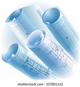 Architectural background with drawing tools and rolls of drawings. Vector clip-art