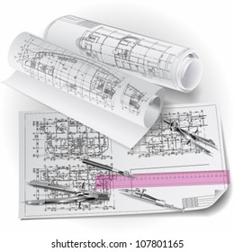 Architectural background with drawing tools and rolls of drawings. Vector clip-art
