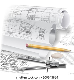 Architectural background with drawing tools and rolls of drawings. Vector clip-art