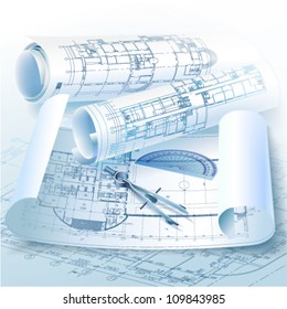 Architectural background with drawing tools and rolls of drawings. Vector clip-art