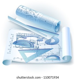 Architectural background with drawing tools and rolls of drawings. Vector clip-art