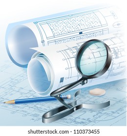 Architectural background with drawing tools and rolls of drawings. Vector clip-art