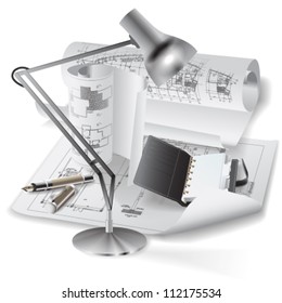 Architectural background with drawing tools and rolls of drawings. Vector clip-art