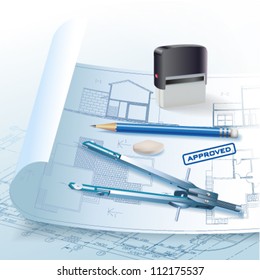 Architectural background with drawing tools and rolls of drawings. Vector clip-art
