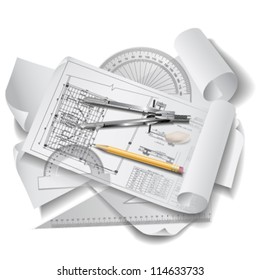 Architectural background with drawing tools and rolls of drawings. Vector clip-art
