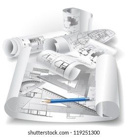 Architectural background with drawing tools and rolls of drawings. Vector clip-art