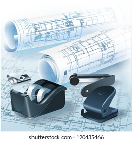Architectural background with drawing tools and rolls of drawings. Vector illustration.