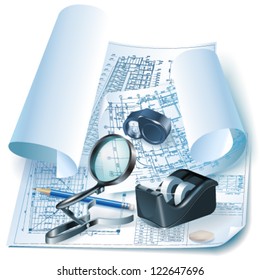 Architectural background with drawing tools and rolls of drawings. Vector illustration
